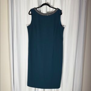 Maya Brooke Teal Jewel Tone Embellished Neckline Midi Sheath Dress Women’s 18